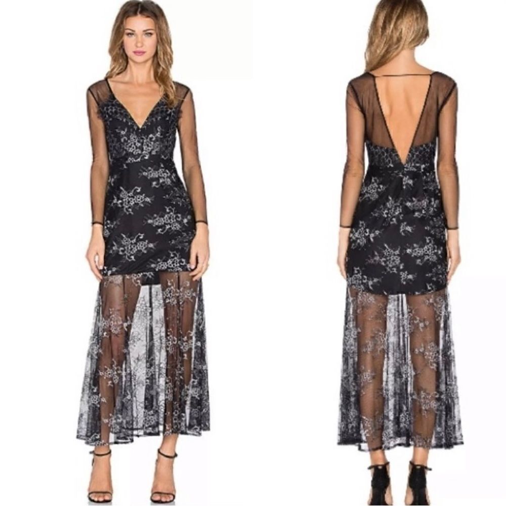 Lovers and Friends Mystic Maxi Slate Black Dress  Sheer Long Sleeve Size M